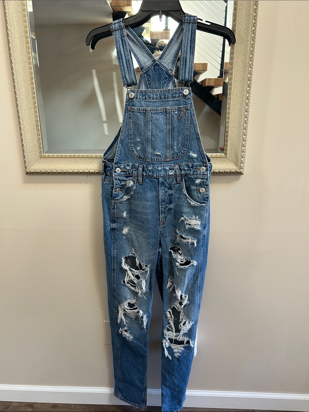 American Eagle Outfitters Distressed Blue Denim Overalls boyfriend overall